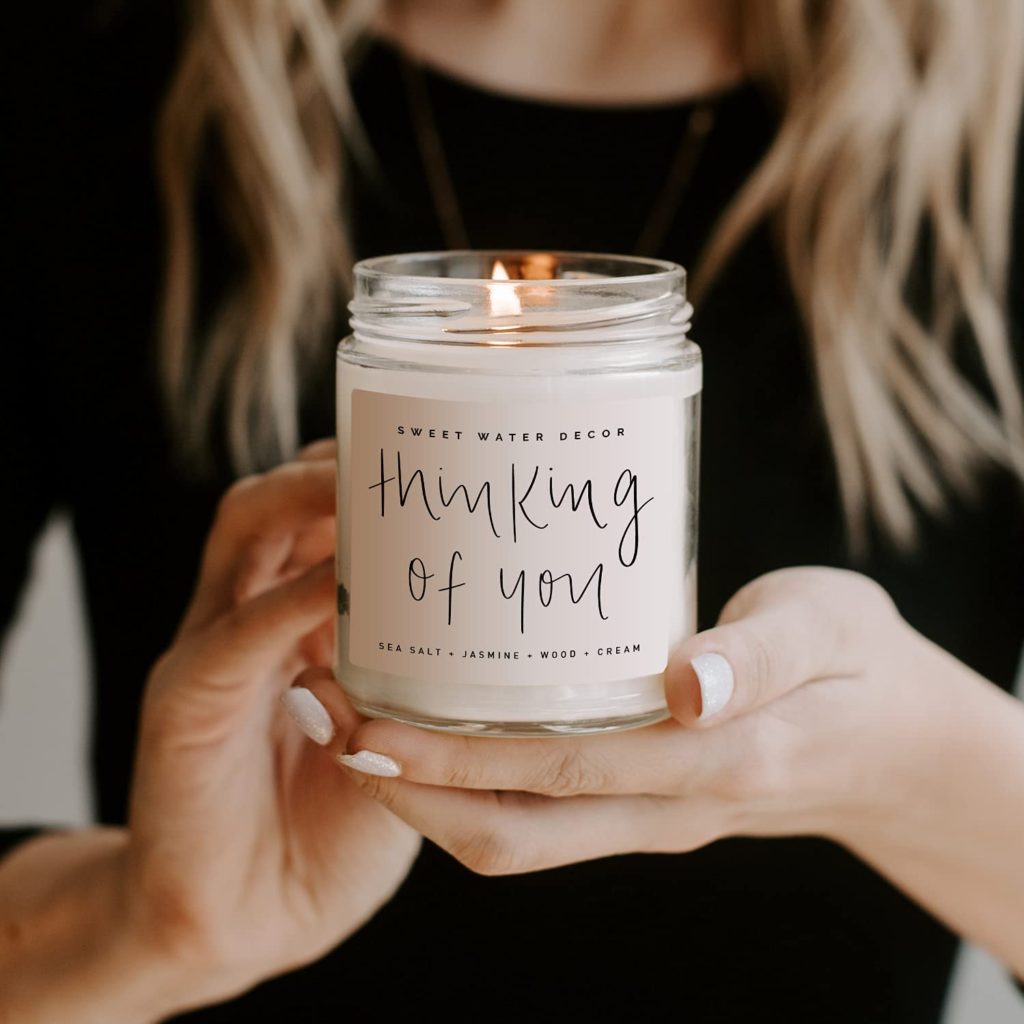 Sweet Water Decor Thinking of You Candle | Sea Salt, Jasmine, Wood, Cream Scented Soy Candles for Home | 9oz Clear Glass Jar, 40 Hour Burn Time, Made in the USA