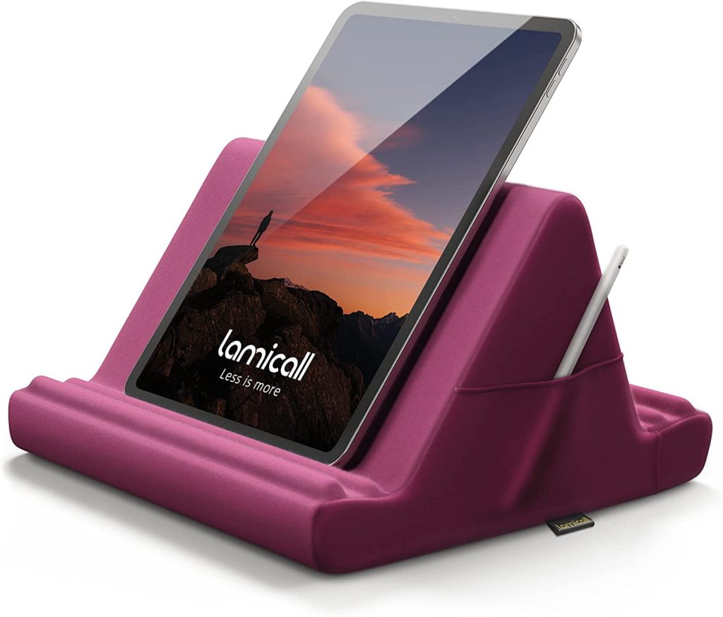 https://amzn.to/3DdwtJR - Book Pillow-Burgundy -Tablet Pillow Holder, Pillow Soft Pad - Bed Tablet Stand, Tablet Dock for Lap with Pocket & 4 Viewing Angles, for iPad Pro 11, 10.5,12.9 Air Mini, Kindle, 4-13" Phone and Tablet, Purplish Red