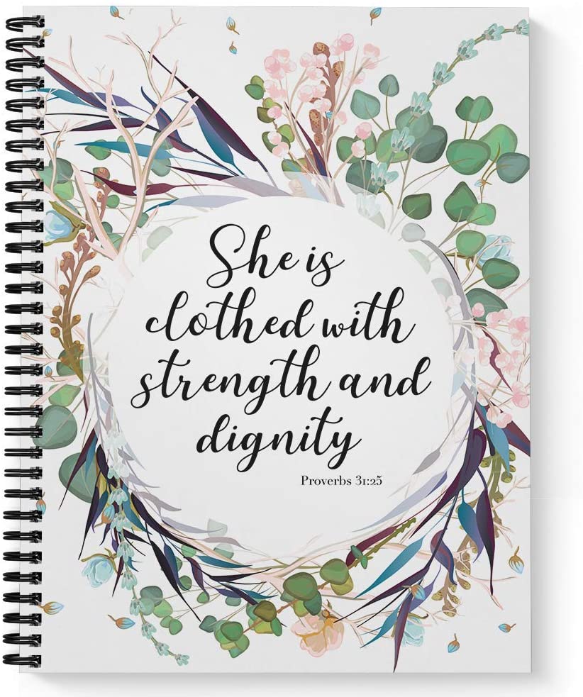 Softcover Clothed with Strength 8.5" x 11" Religious Spiral Notebook/Journal, 120 College Ruled Pages, Durable Gloss Laminated Cover, Black Wire-o Spiral. Made in The USA https://amzn.to/31kKusj