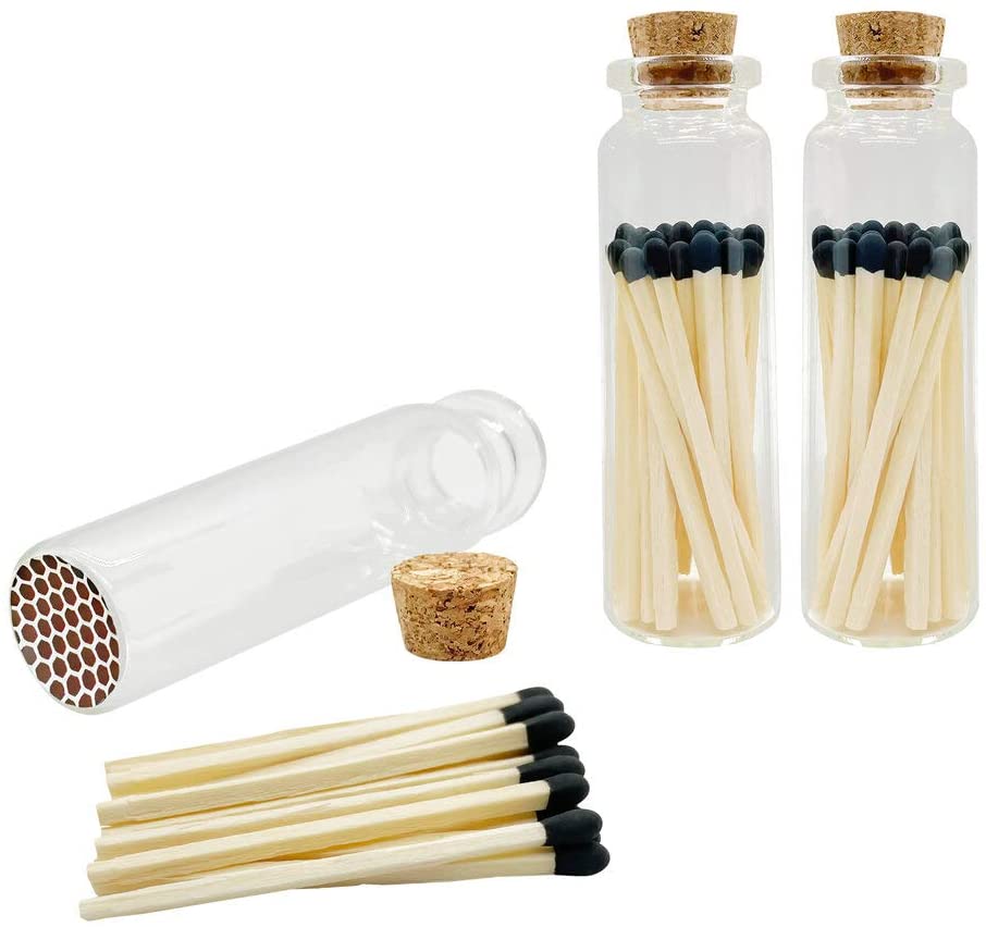 https://amzn.to/3roJHRK - Matches-3bottles - Thankful Greetings Bold Black Tip 2" Safety Matches | 3 Glass Bottles Each with Cork Top, Striker & 20 Matchsticks (60+ Total) | Decorative Unique & Fun Artisan Set for Your Home, Gifts, & Events