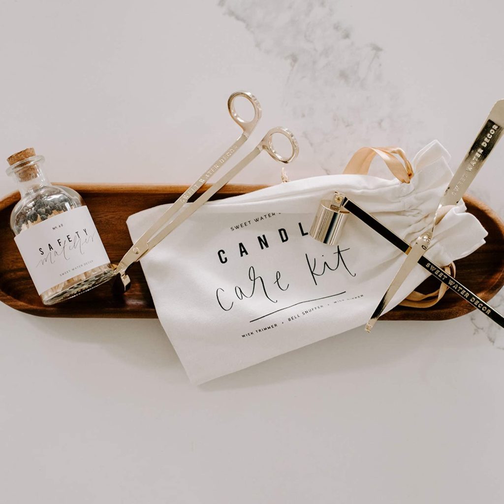 https://amzn.to/3xL9AfR - Matches-Candle Care Kit - Sweet Water Decor Candle Care Kit | Golden Candle Accessory Set Includes Wick Trimmer, Wick Dipper, and Bell Snuffer Tools with Drawstring Bag for Candle Lovers (Gold)