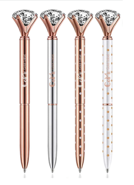 https://amzn.to/3deOj4o - Pen-Diamond - 4 PCS Color Diamond Pens Rose Gold - 4 Velvet Bags, 8 Ink Refills Black & Blue, Gift Pen Set for Writing - Fancy Pens for Girls, Crystal Jewel Cute Pens for Women, Girly Ballpoint Pen with Diamond Top