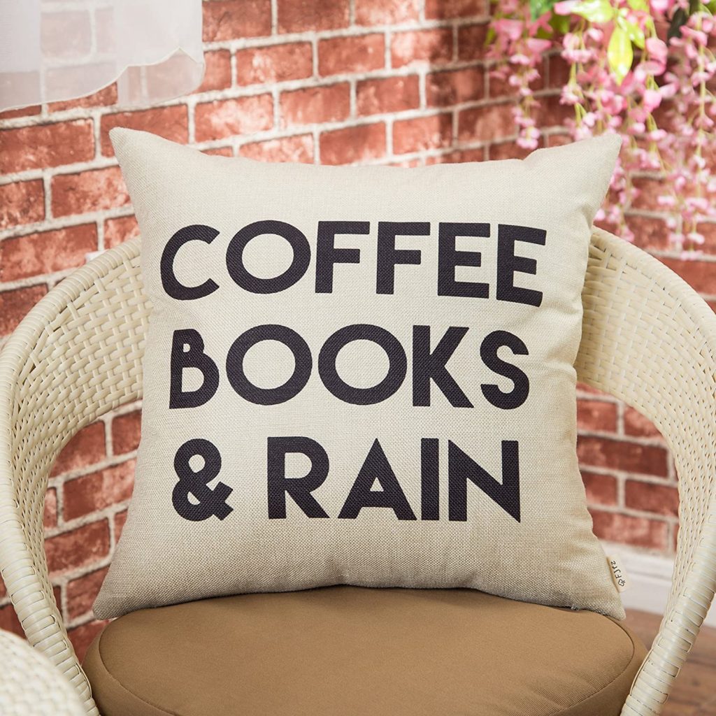 https://amzn.to/3xHf5fr - Pillow-Books Rain - Coffee Books and Rain Décor Motivational Inspirational Quote Decoration Cotton Linen Home Decorative Throw Pillow Case Cushion Cover with Words for Book Lover Worm Sofa Couch, 18" x 18"