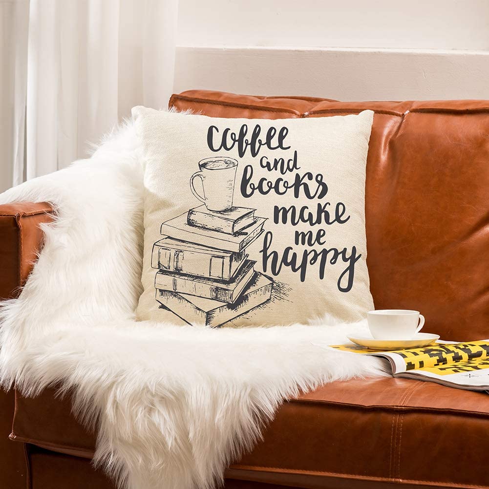https://amzn.to/3oc7baE - Pillow-books happy - Throw Pillow Cover Coffee And Books Make Me Happy Quote Motivational Sign Reading Decoration Cushion Cover with Words for Book Lover Sofa Couch Home Decor Cotton Linen Pillow Case 18"x18"