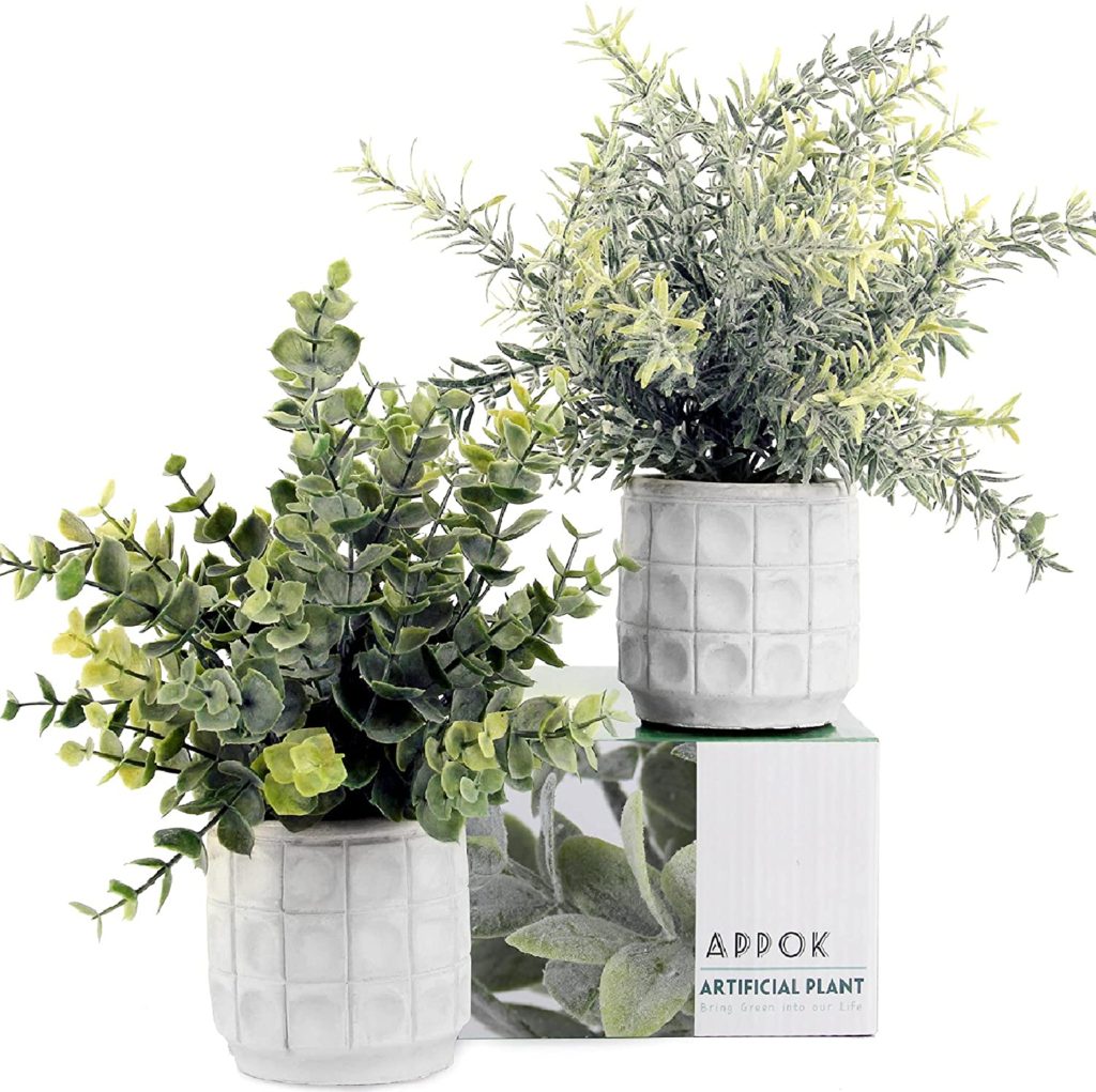Artificial Potted Plants Mini Fake Eucalyptus Plant, Small Plastic Potted Plant in Pot, Faux Rosemary Plants for Home Decor, Indoor, Farmhouse, Desk, Table Decoration - 2 Pack
