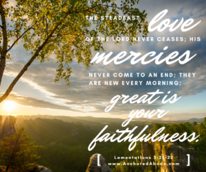 The steadfast love of the Lord never ceases; His mercies never come to an end; they are new every morning great is your faithfulness - Lamentations 3 22-23 - each and every morning